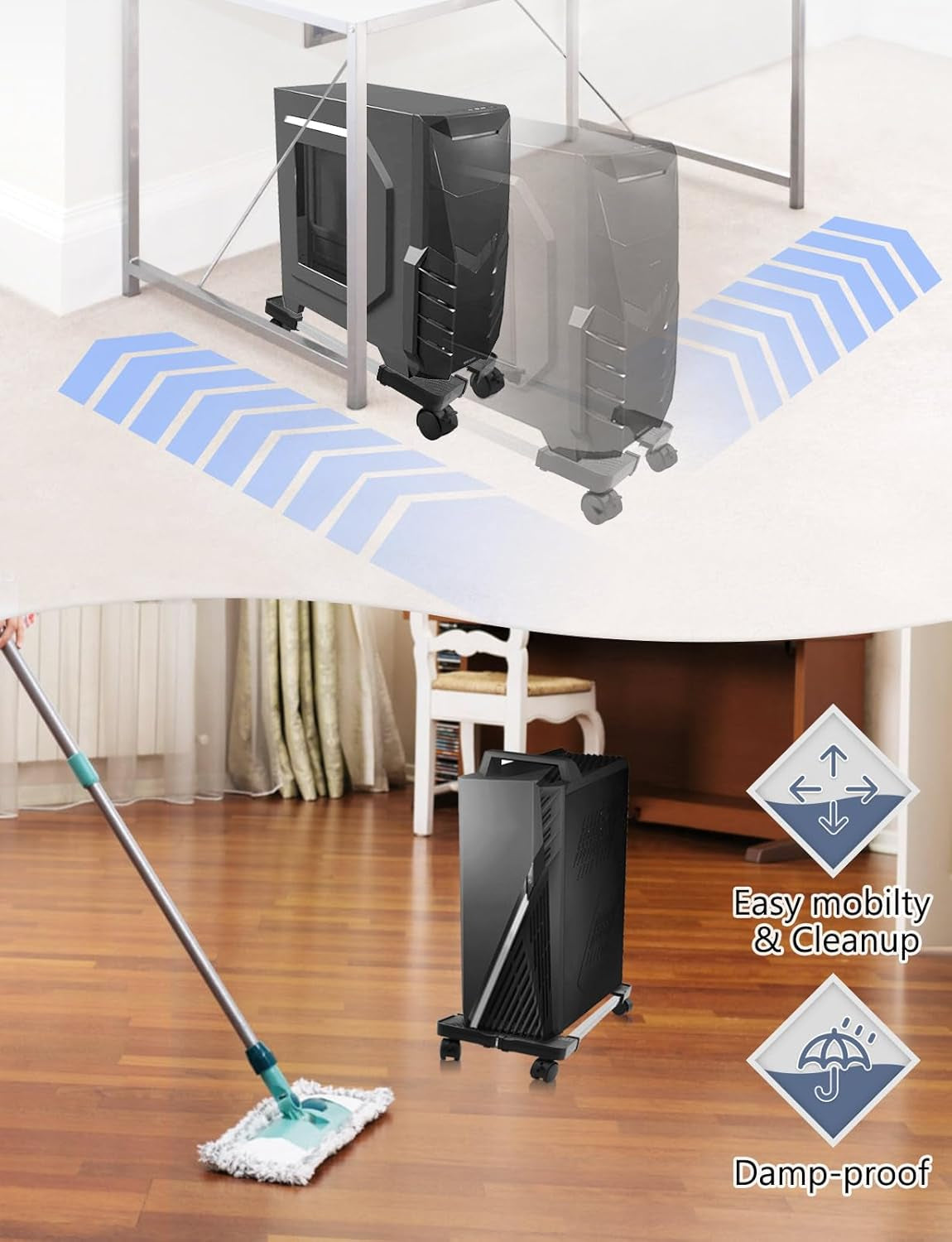 Computer Tower Stand, Adjustable PC Tower Stand with Rolling Caster Wheels, Mobile CPU Holder for Floor Carpet Gaming PC Case, Fits Home Office under Desk, Black