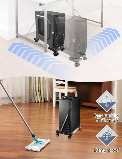 Computer Tower Stand, Adjustable PC Tower Stand with Rolling Caster Wheels, Mobile CPU Holder for Floor Carpet Gaming PC Case, Fits Home Office under Desk, Black