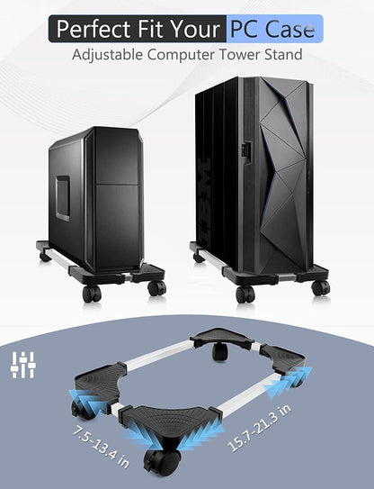 Computer Tower Stand, Adjustable PC Tower Stand with Rolling Caster Wheels, Mobile CPU Holder for Floor Carpet Gaming PC Case, Fits Home Office under Desk, Black