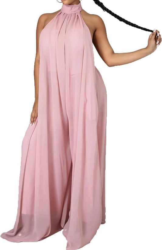 Women'S Sexy Summer Jumpsuit Halter Neck Sleeveless Chiffon Wide Leg Long Pant Jumpsuit Romper One Piece Club Outfit Pink Small