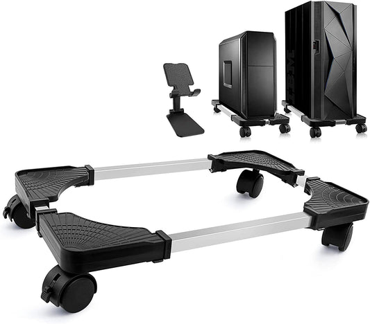 Computer Tower Stand, Adjustable PC Tower Stand with Rolling Caster Wheels, Mobile CPU Holder for Floor Carpet Gaming PC Case, Fits Home Office under Desk, Black