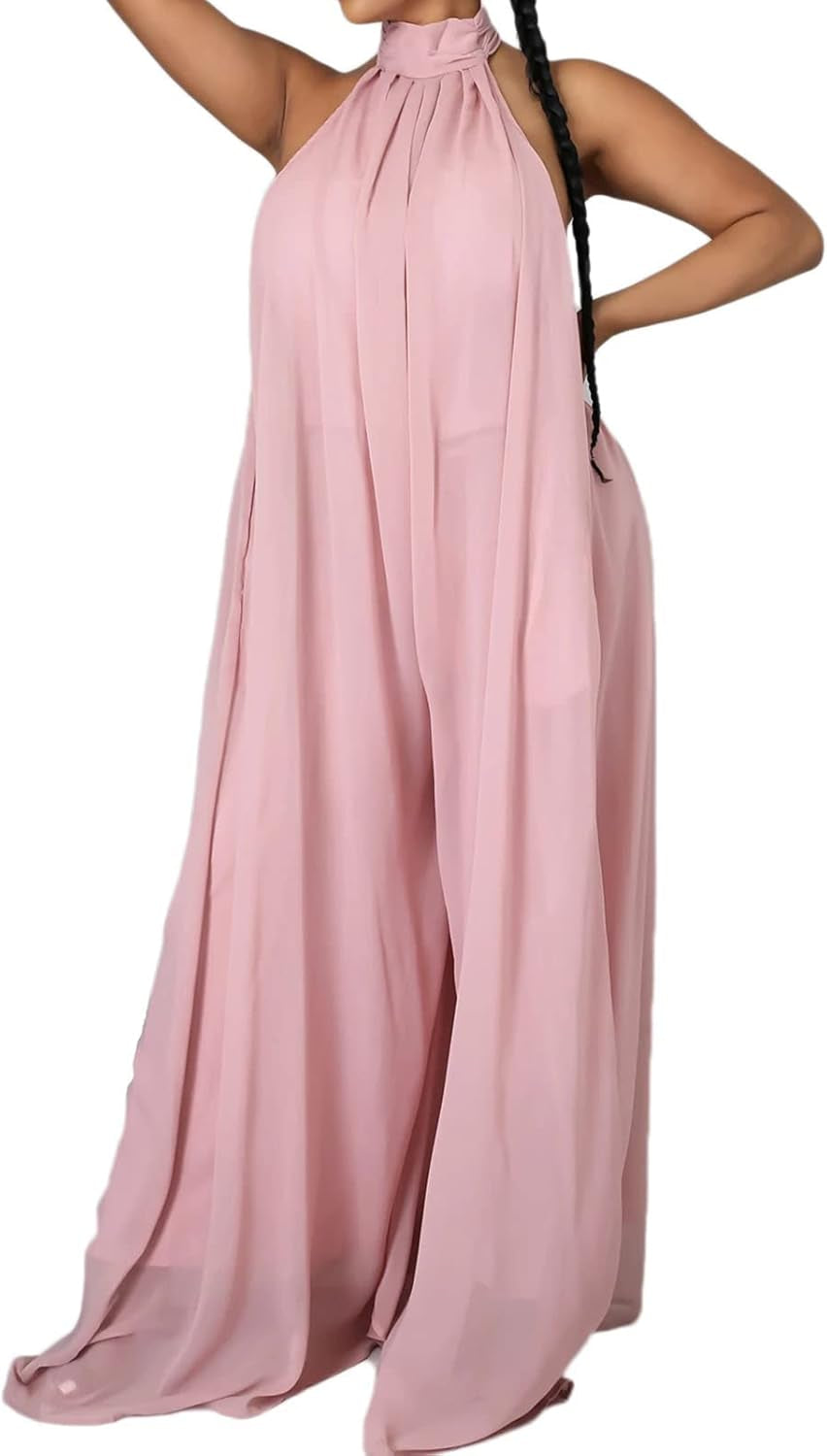 Women'S Sexy Summer Jumpsuit Halter Neck Sleeveless Chiffon Wide Leg Long Pant Jumpsuit Romper One Piece Club Outfit Pink Small