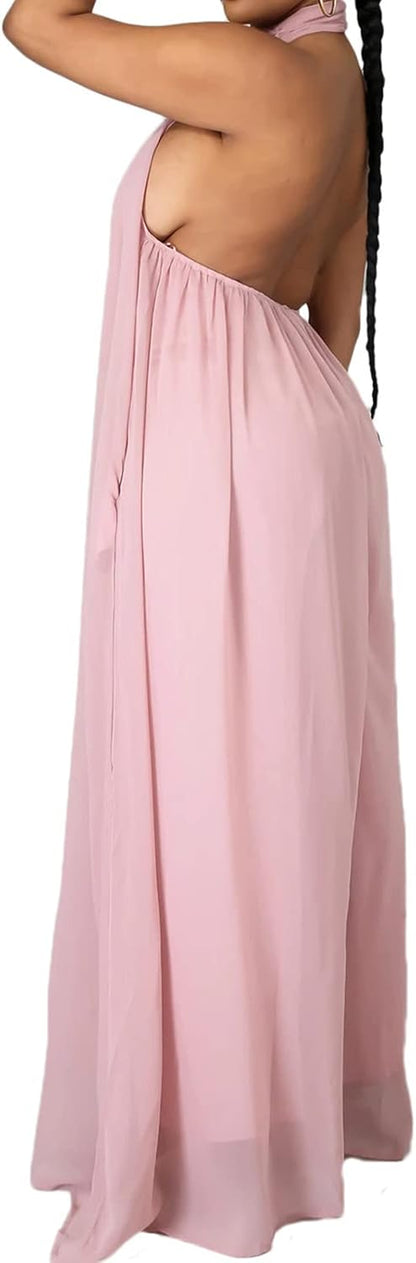 Women'S Sexy Summer Jumpsuit Halter Neck Sleeveless Chiffon Wide Leg Long Pant Jumpsuit Romper One Piece Club Outfit Pink Small